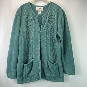 Vintage Jenny Embroidered Chanille Knit Cardigan Sweater Size Large
